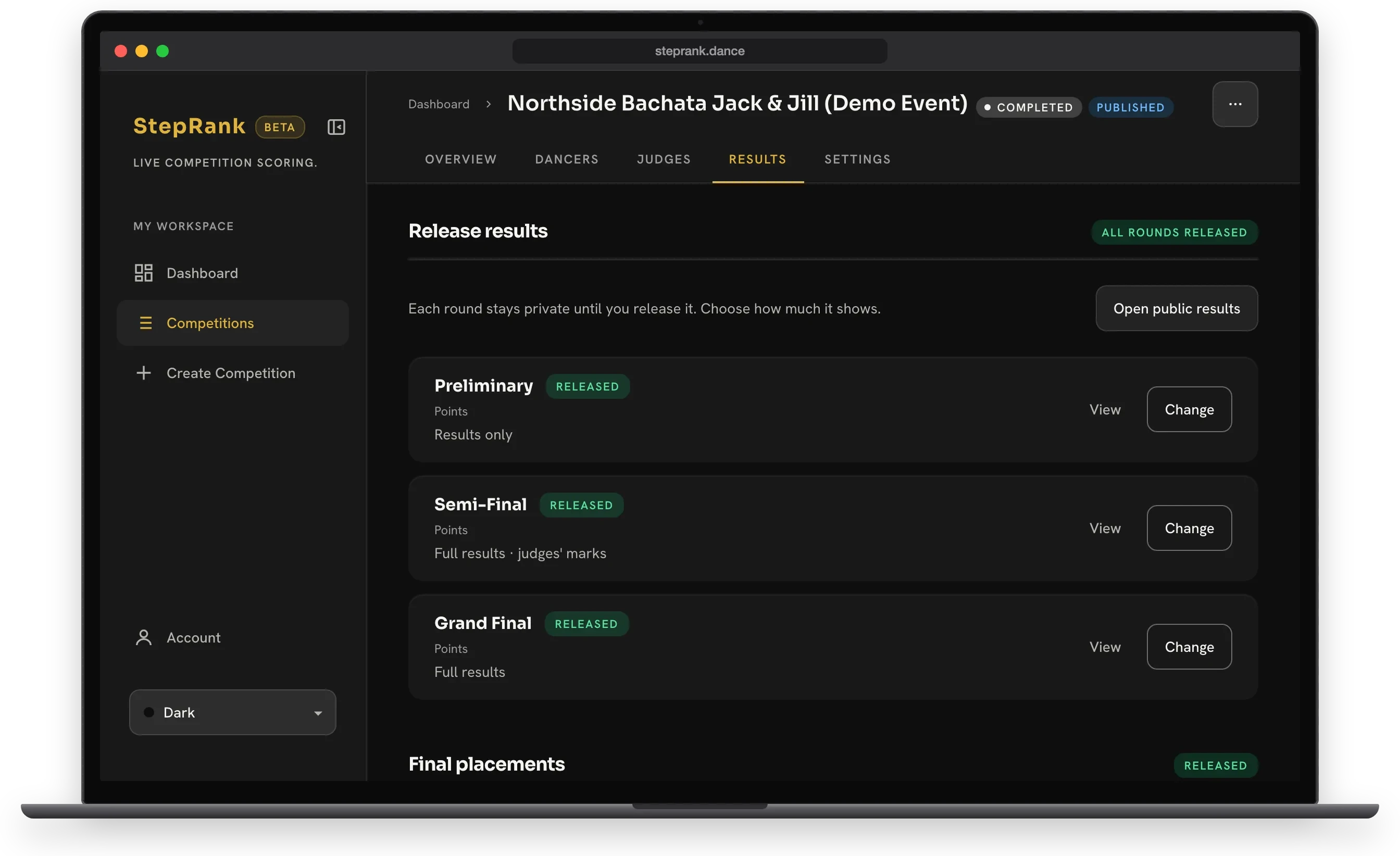 The organizer's results screen for this event, on a laptop, with the release settings for each round.